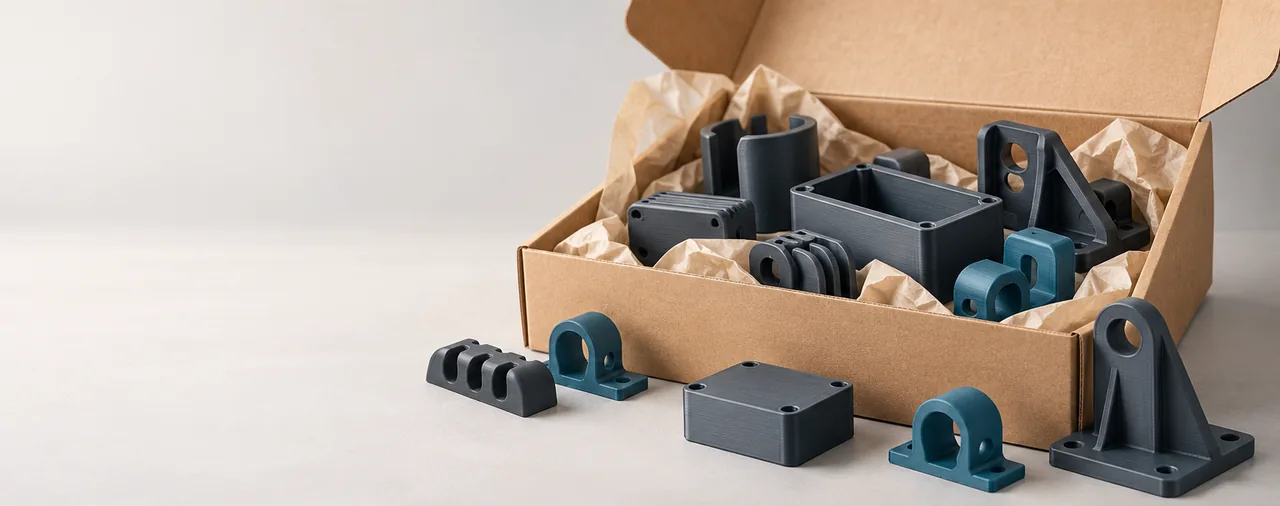 Illustratie van netjes verpakte technische 3D-geprinte onderdelen op een schone achtergrond
